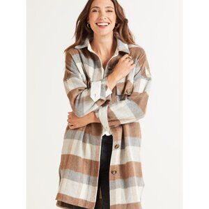 Evereve Raye Plaid Longline Shacket Preppy Academia in Brown/Gray/White XS